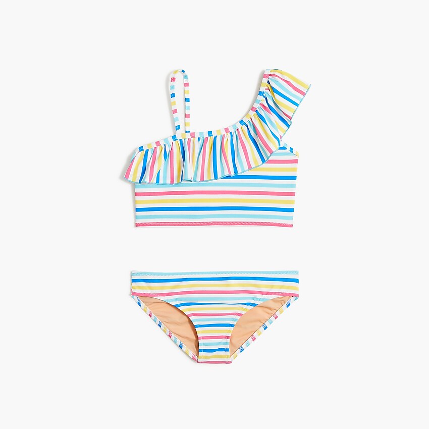 factory: girls' rainbow-stripe one-shoulder swimsuit for girls, right side, view zoomed
