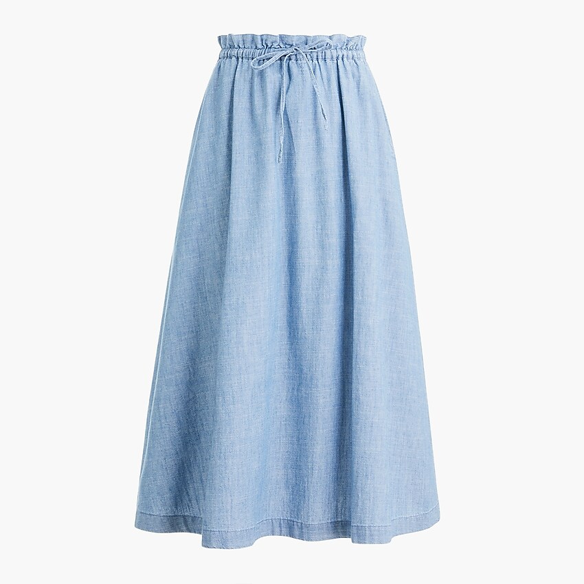 factory: chambray paper-bag pull-on midi skirt for women, right side, view zoomed