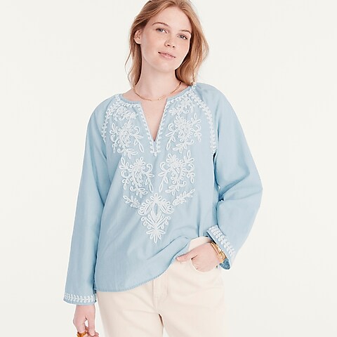  Chambray V-neck top with embroidery