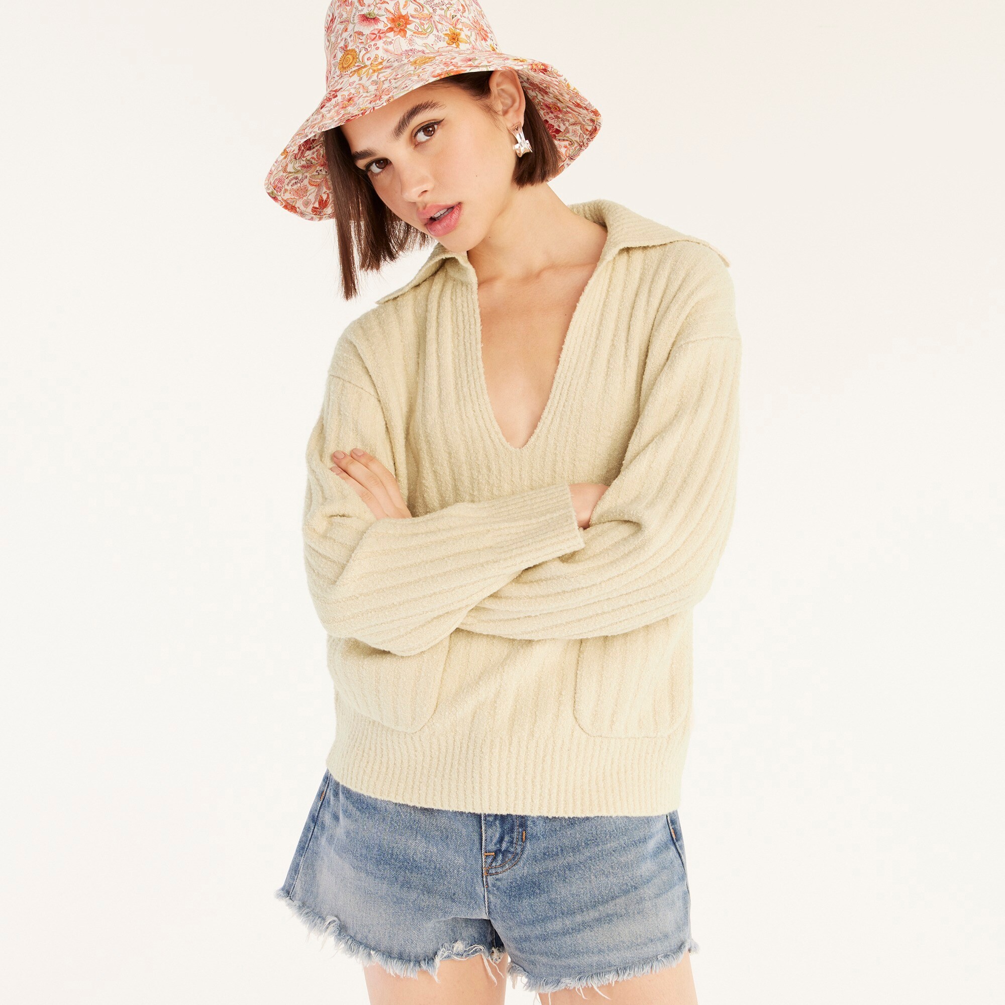 Collared cotton-blend bouclé beach sweater
