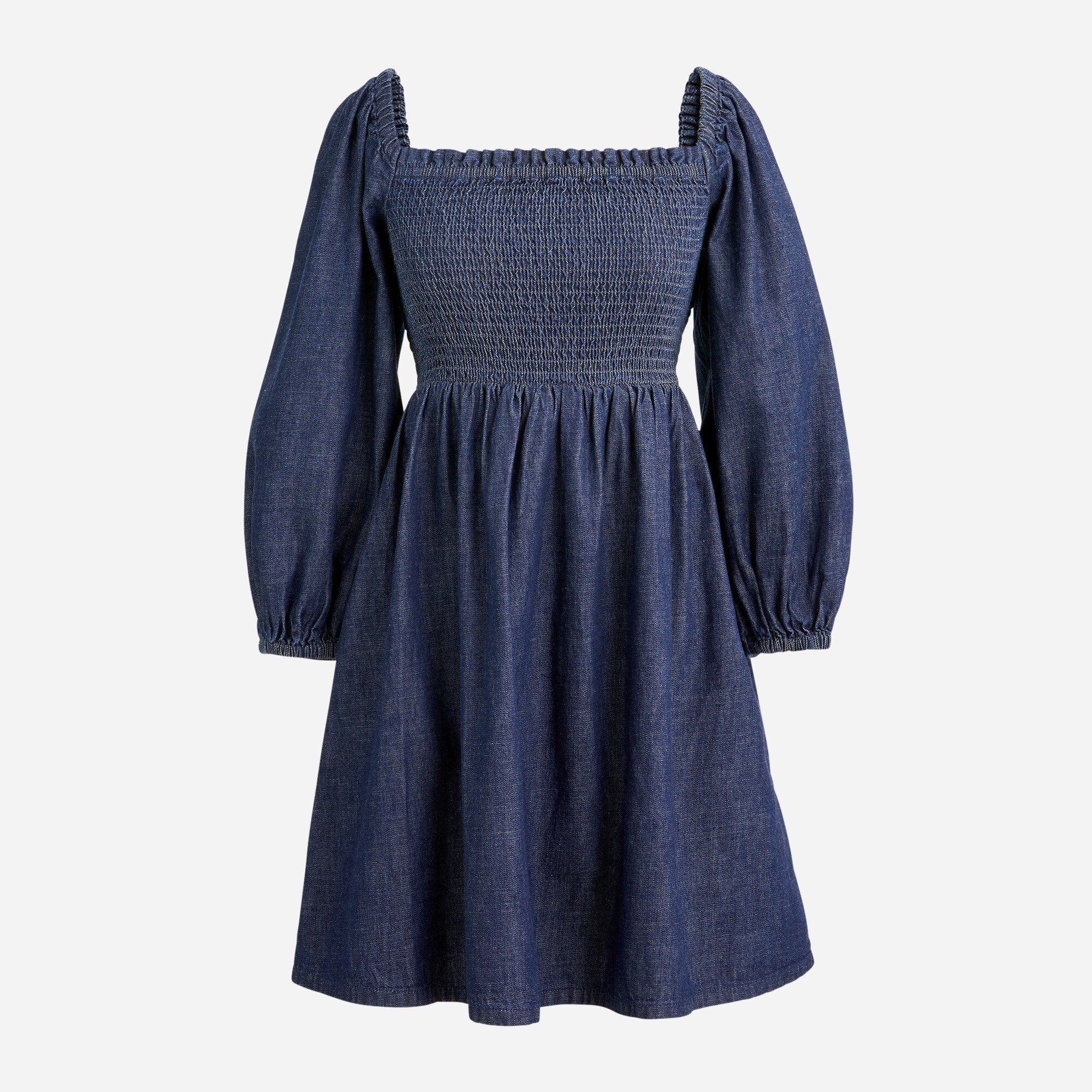 Smocked puff-sleeve dress in chambray