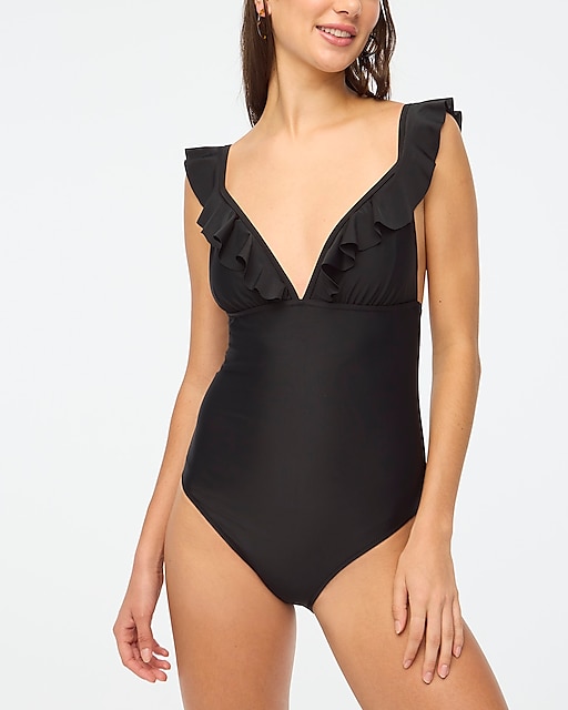 womens Ruffle-shoulder V-neck one-piece swimsuit