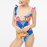 Floral ruffle-shoulder V-neck one-piece swimsuit