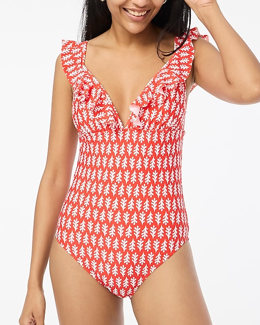 womens Floral ruffle-shoulder V-neck one-piece swimsuit