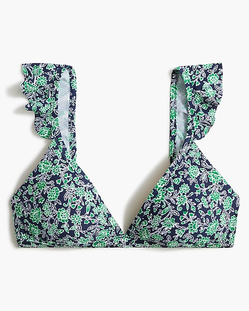  Floral ruffle-shoulder V-neck bikini top