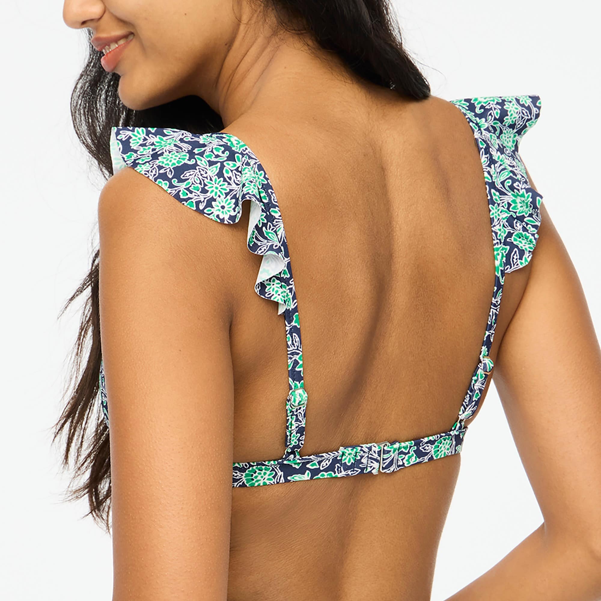 Floral ruffle-shoulder V-neck bikini top