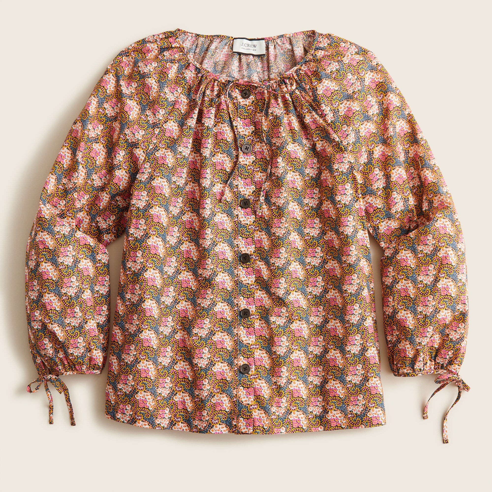 Collection tie-sleeve button-front top in Ratti® prism floral