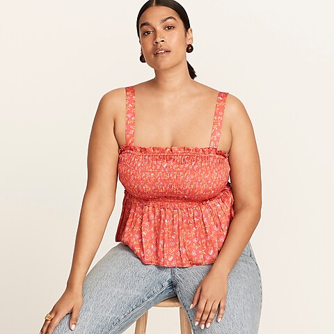  Smocked featherweight satin tank in coral meadow floral