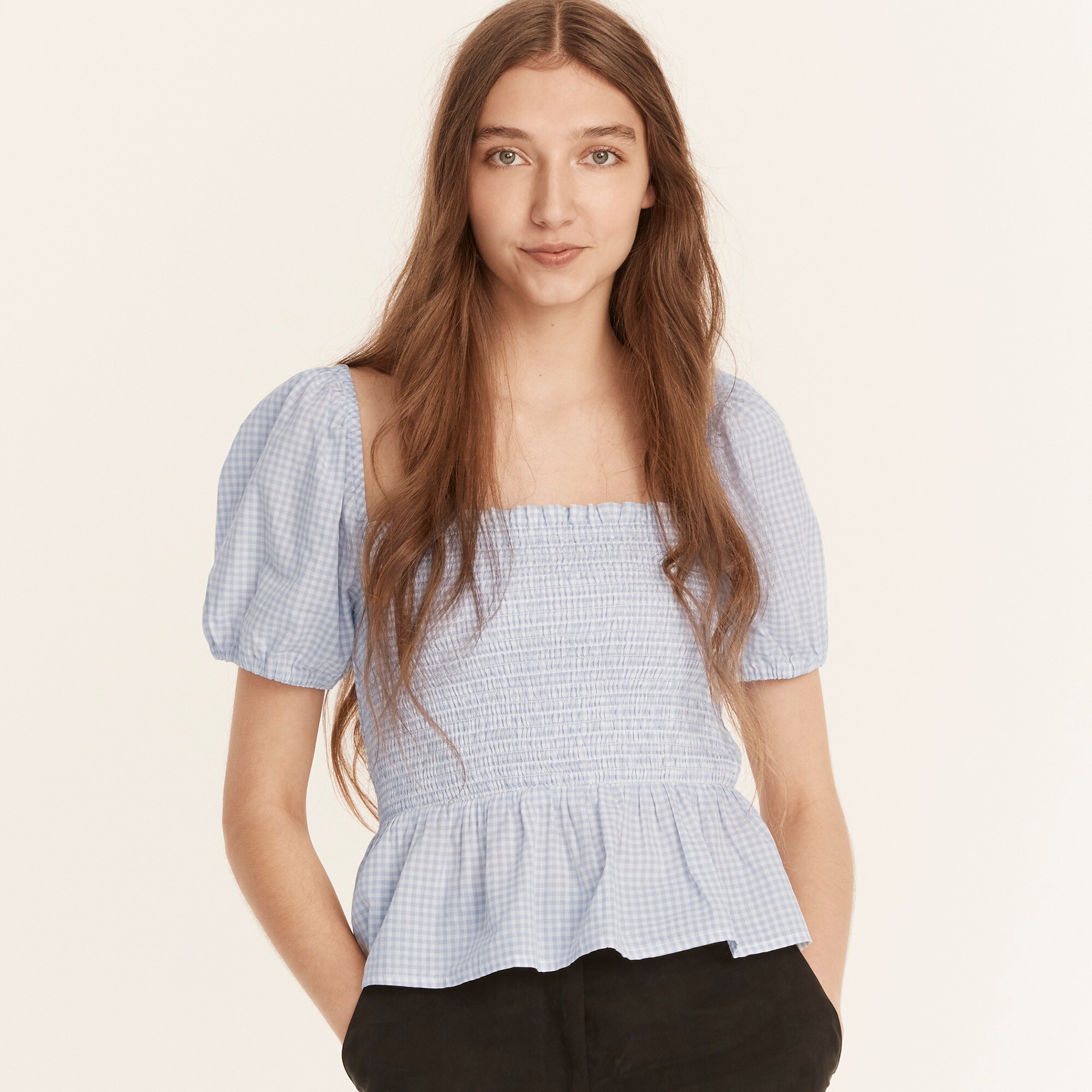 J.Crew Squareneck smocked cotton voile top in gingham