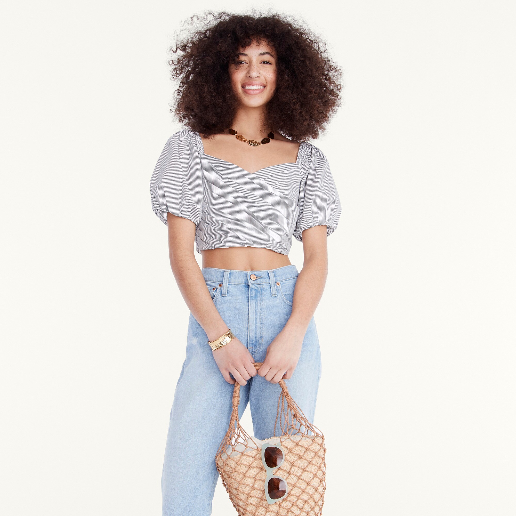  Puff-sleeve organic cotton cropped top in stripe