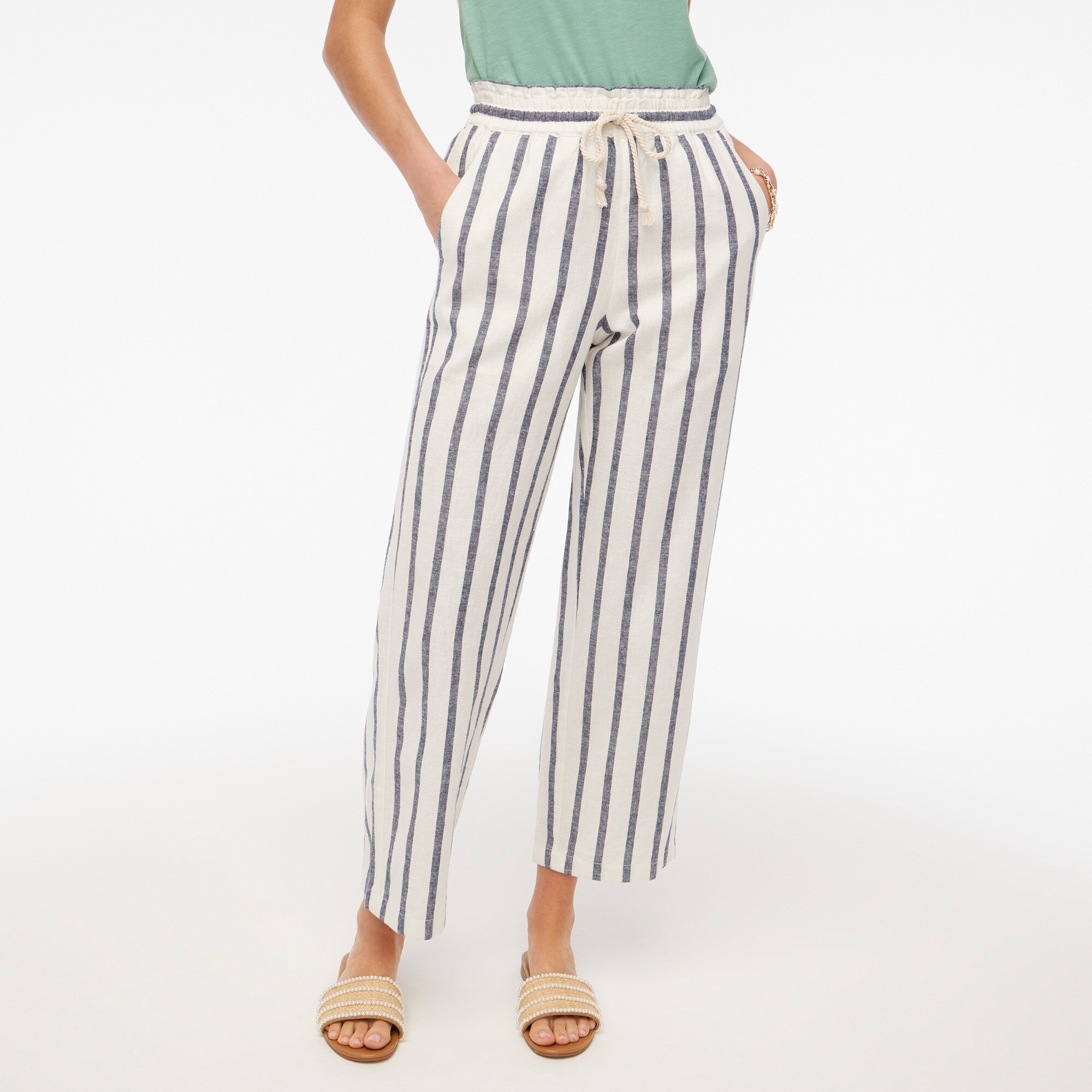 womens Striped linen-cotton blend wide-leg paper-bag pant