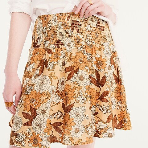 womens Linen smocked mini skirt in zinnia floral