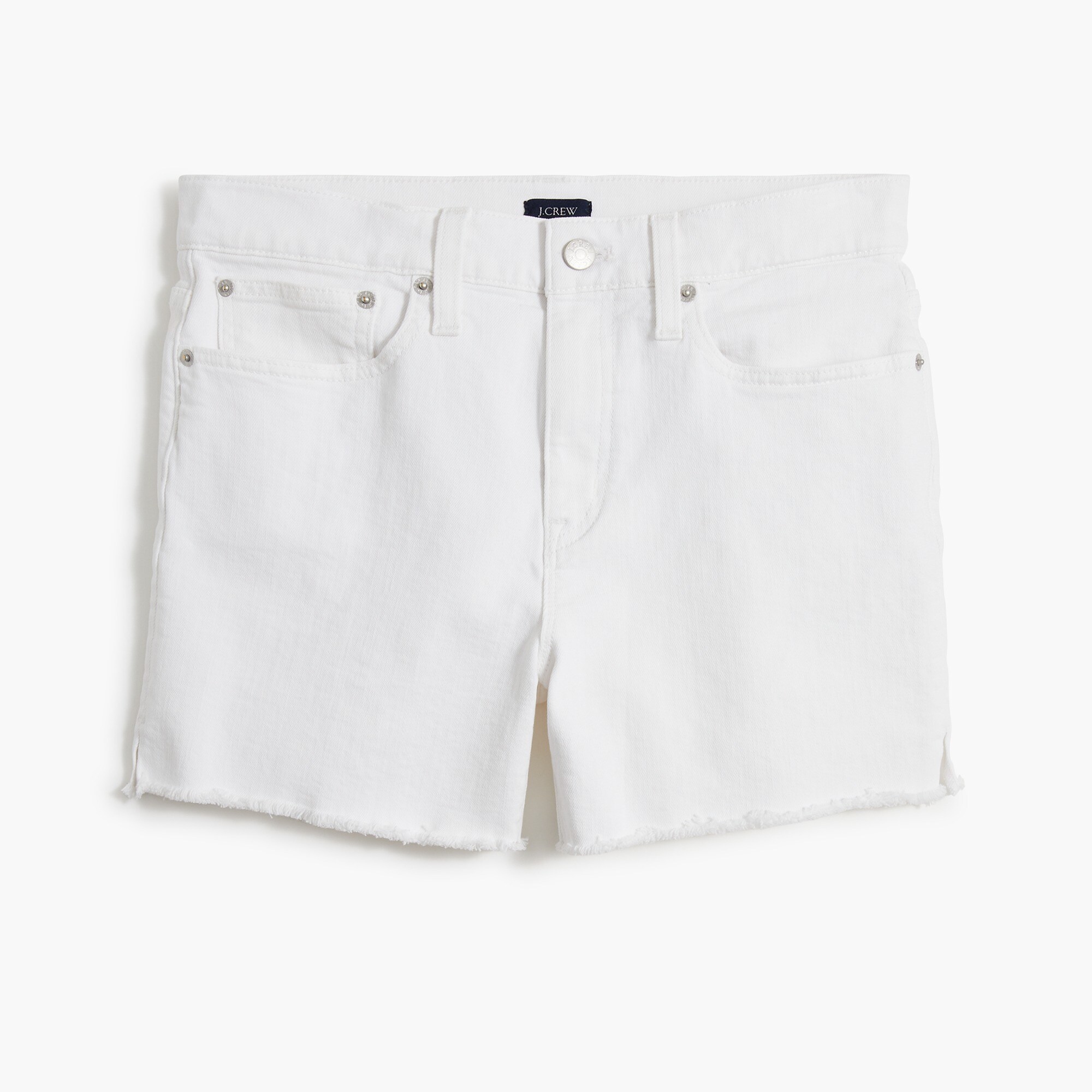 high-rise midlength white denim short for women