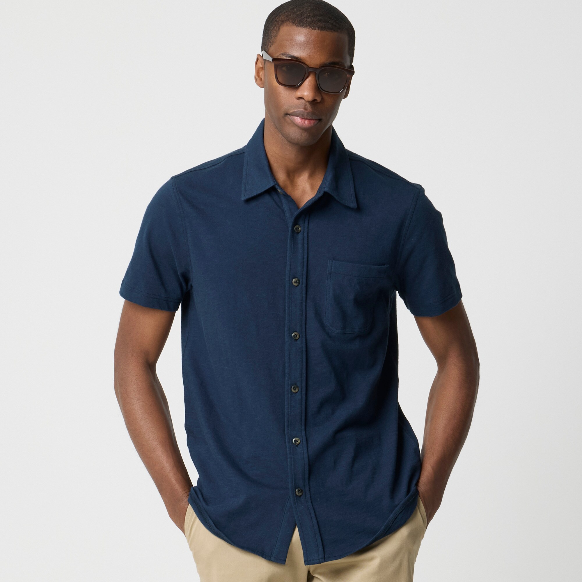 Short-sleeve knit button-down shirt