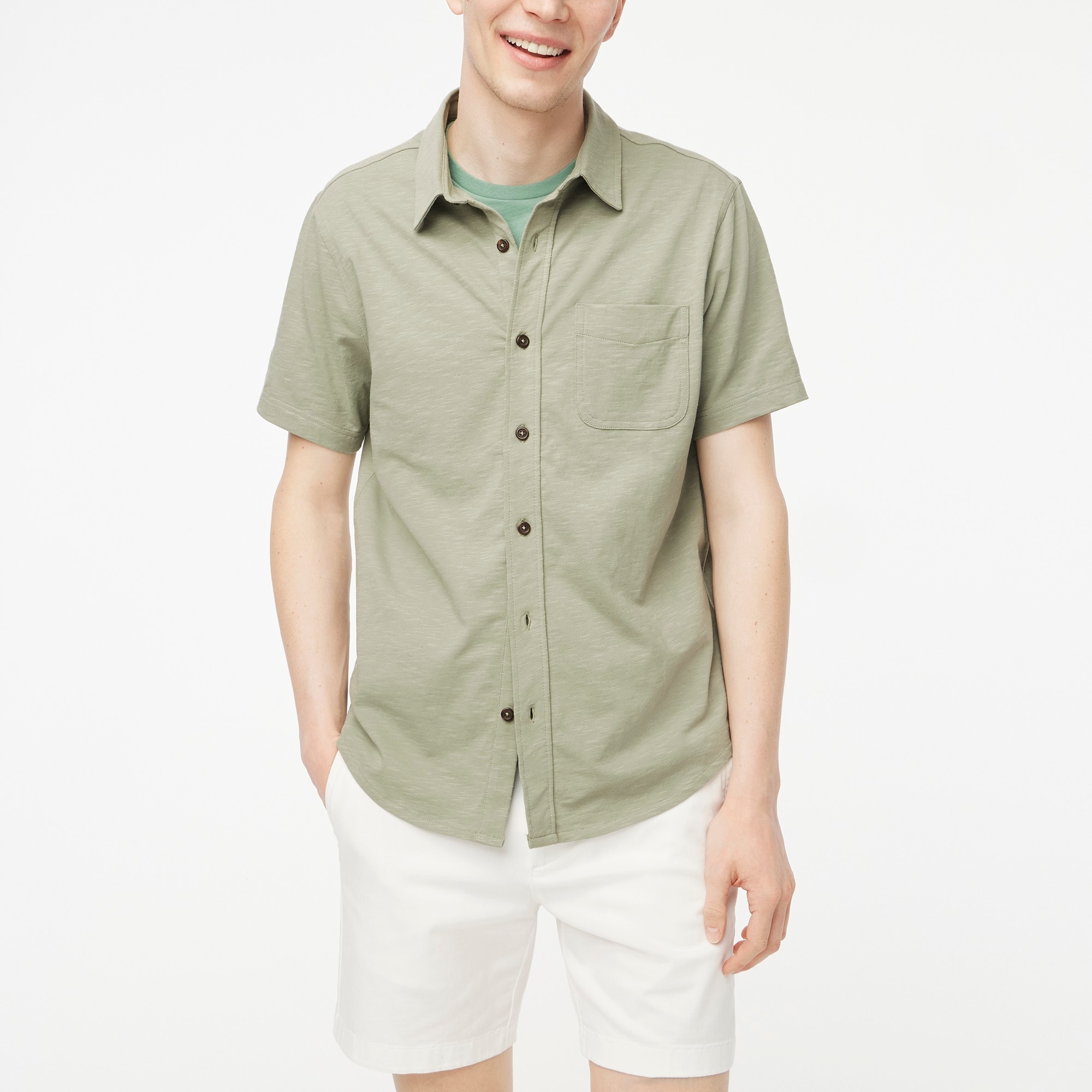 Short-sleeve knit button-down shirt