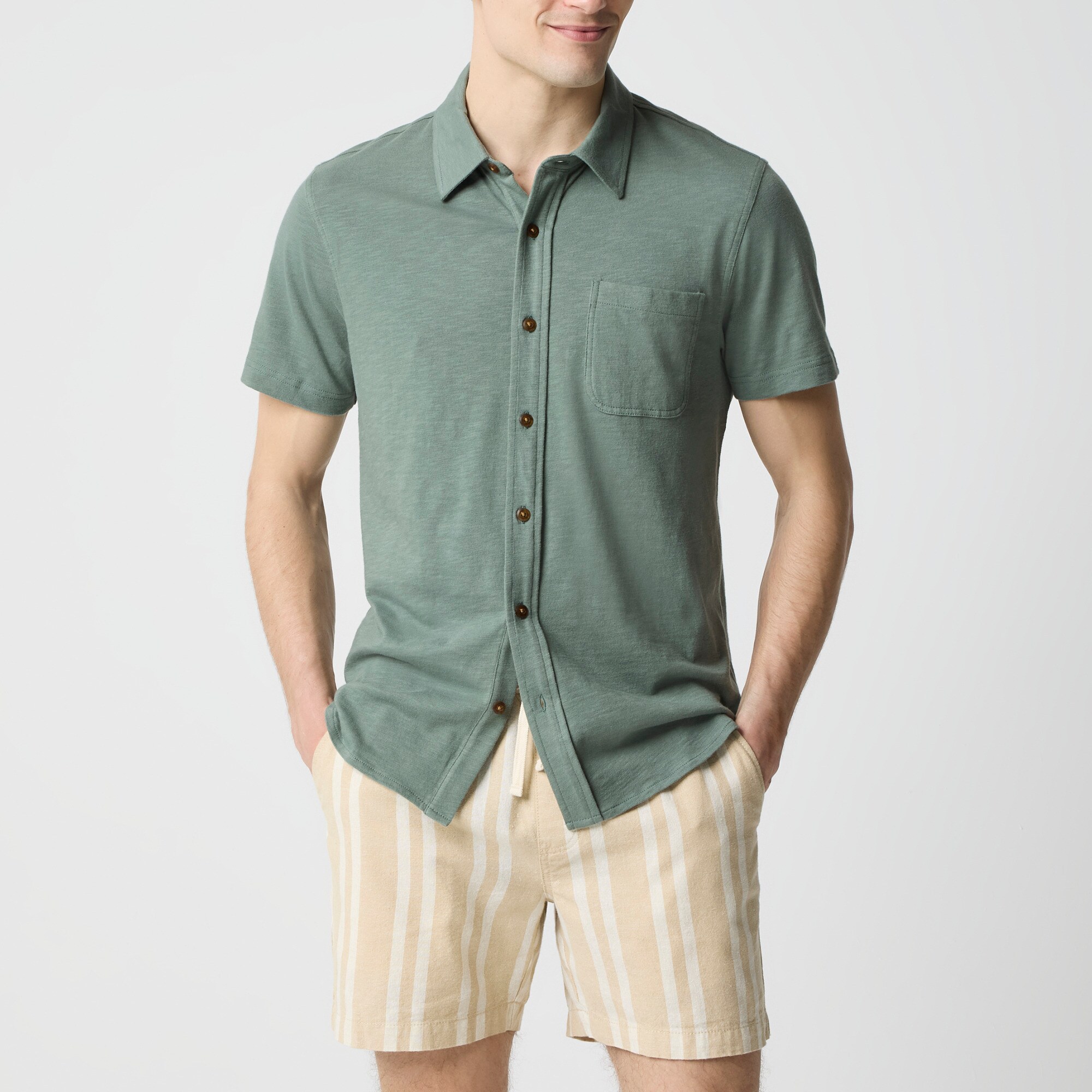 Short-sleeve knit button-down shirt