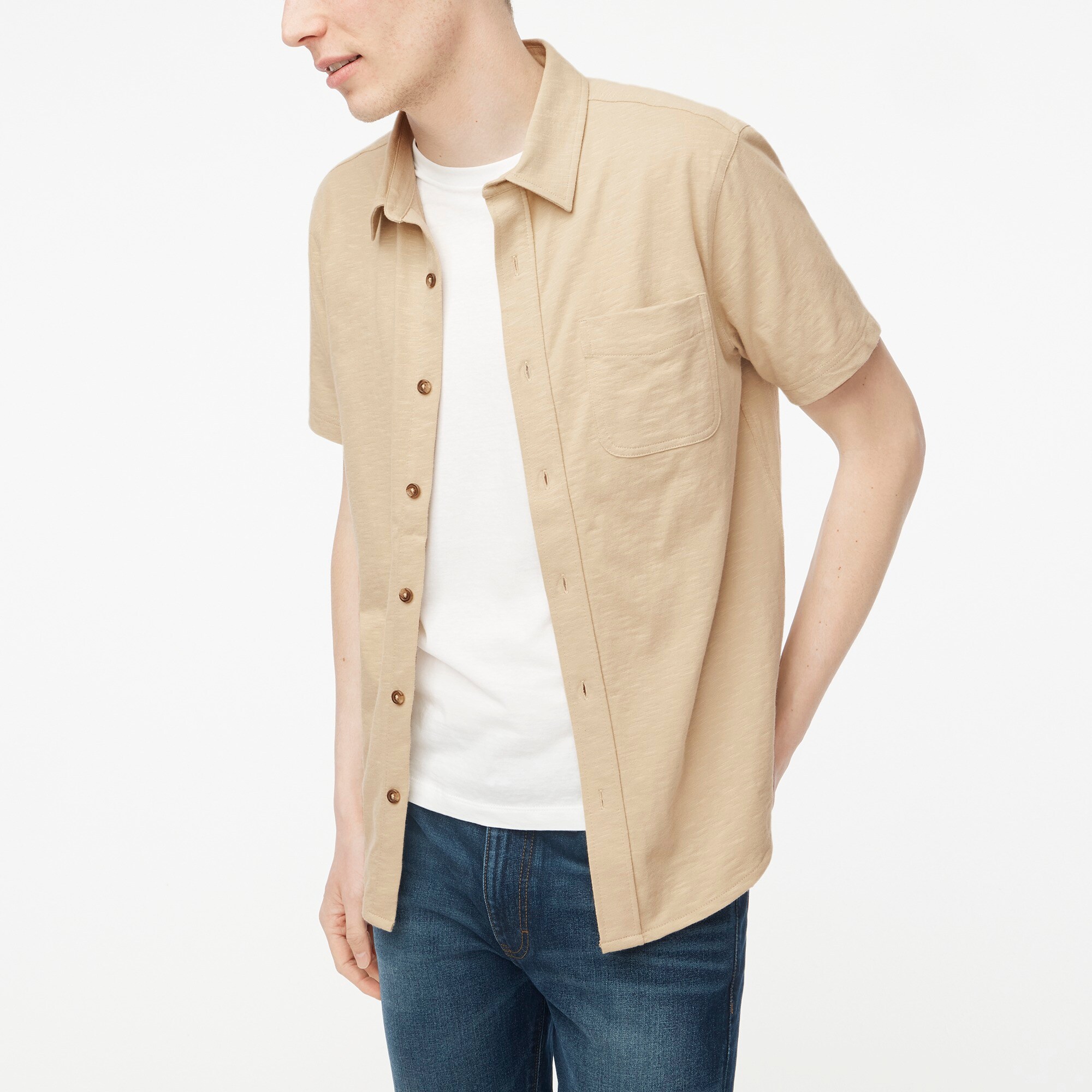 Short-sleeve knit button-down shirt