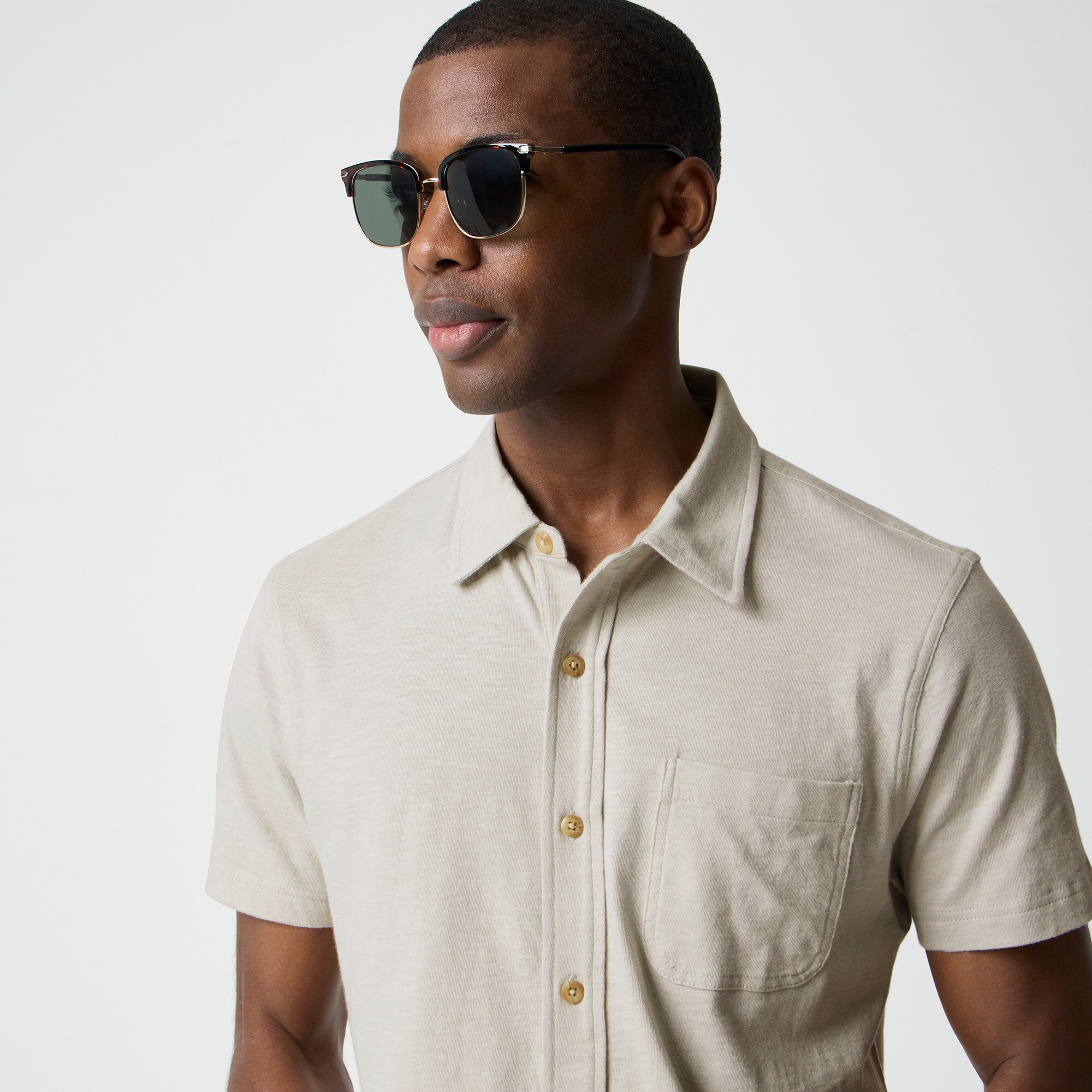 Short-sleeve knit button-down shirt