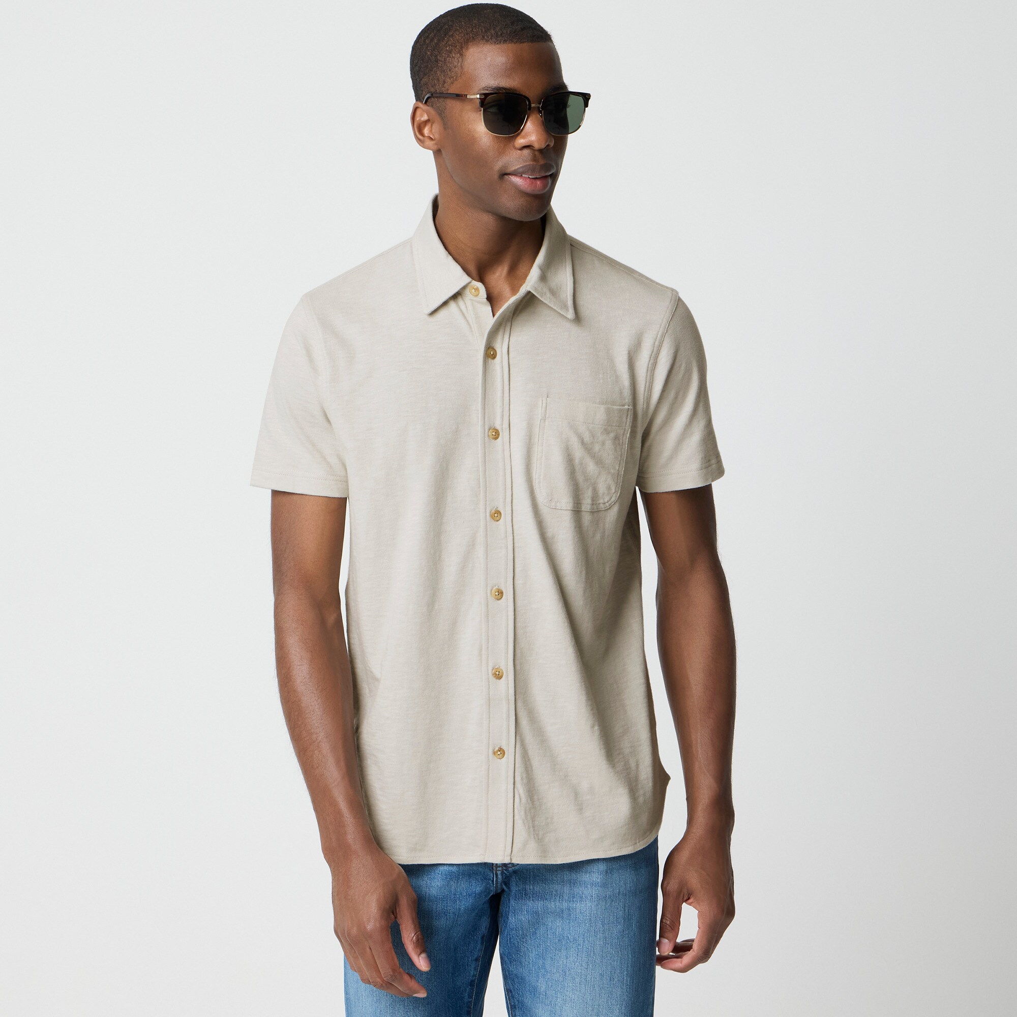 Short-sleeve knit button-down shirt