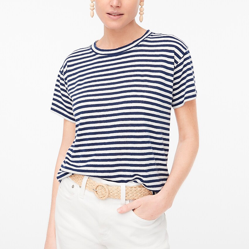 factory: striped linen-blend crewneck tee with curved hem for women, right side, view zoomed