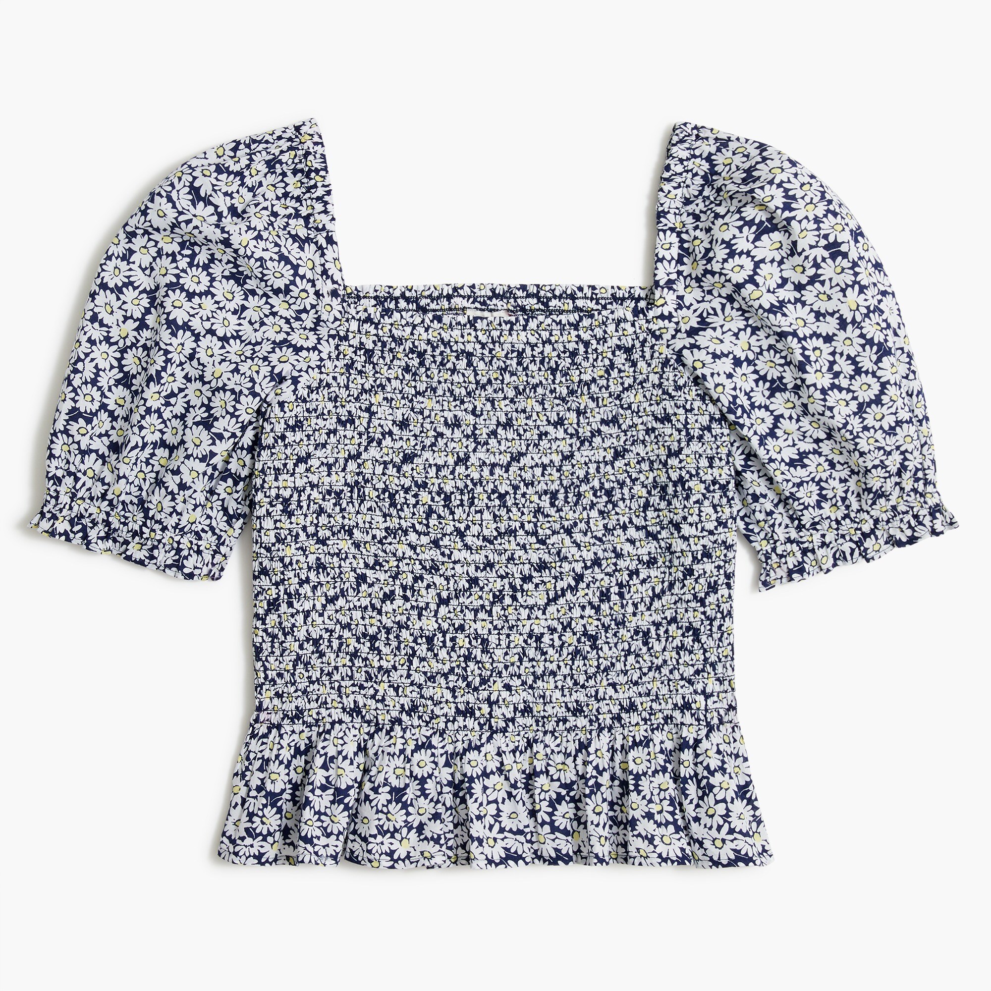 puff-sleeve smocked peplum top for women