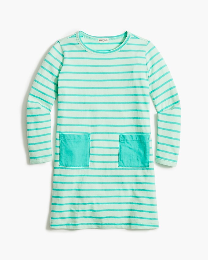 factory: girls' striped patch-pocket dress for girls, right side, view zoomed