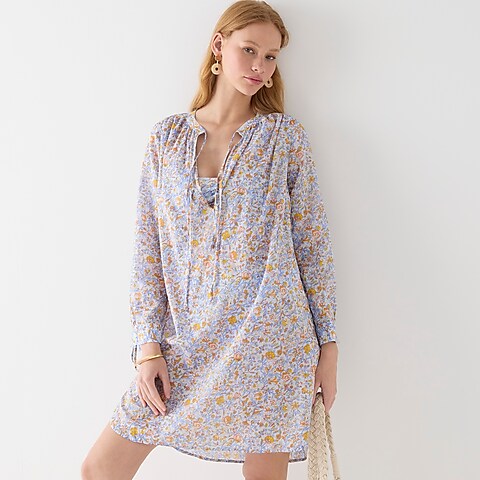 womens Tie-waist cotton voile beach tunic dress in afternoon floral