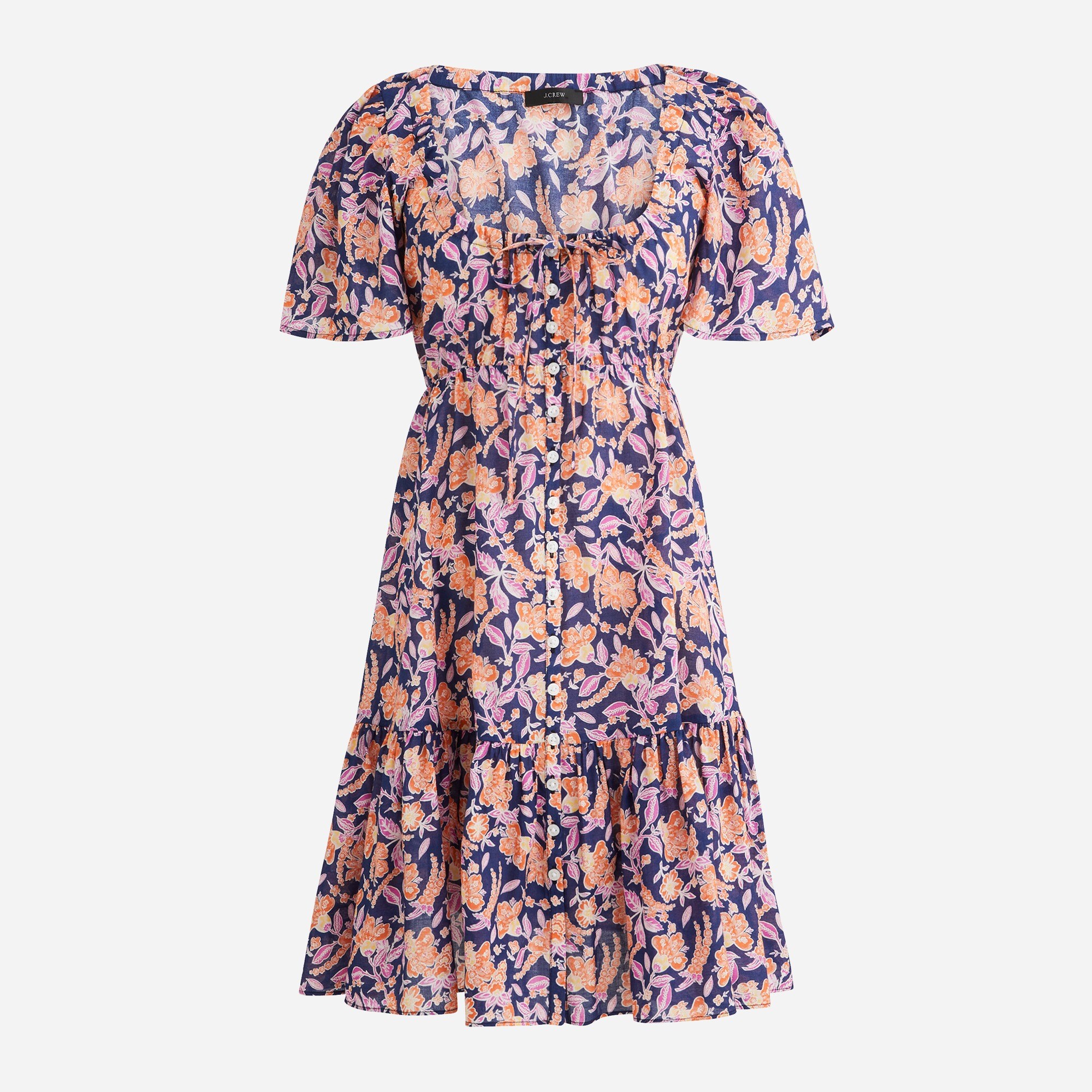 Button-front cotton voile beach dress in painted block print
