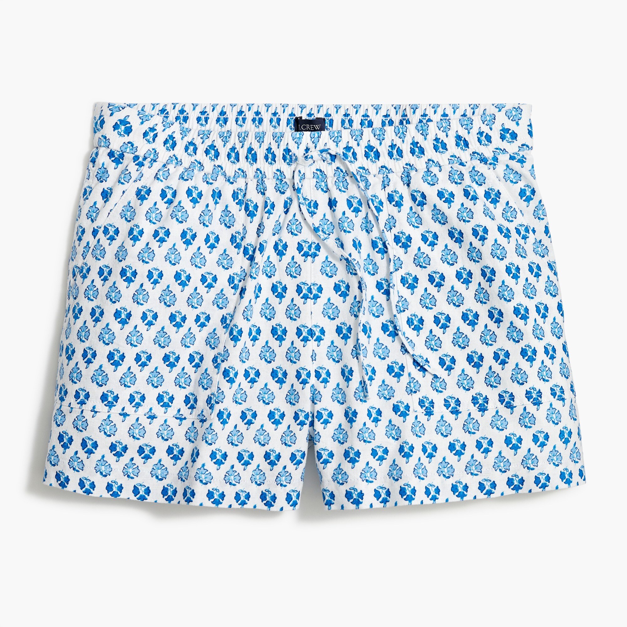Linen-blend drawstring short in block-print