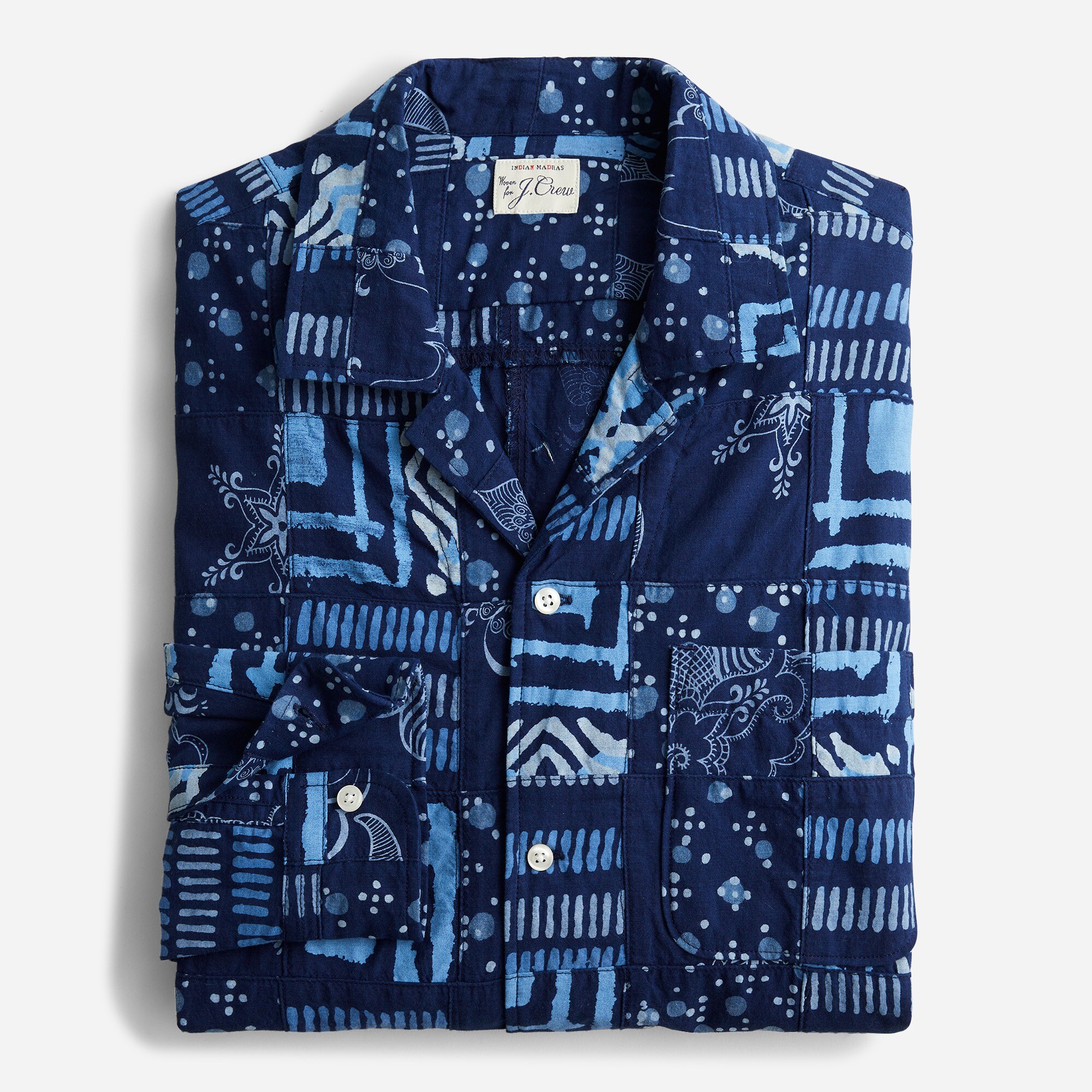 Indigo-dyed madras patchwork camp-collar shirt