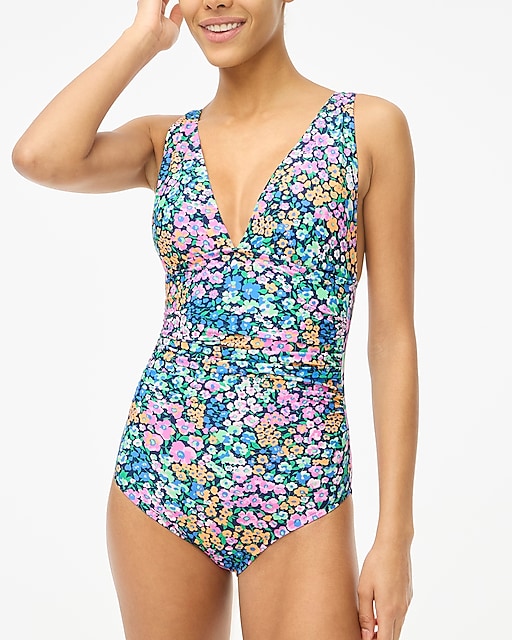 womens V-neck ruched one-piece swimsuit