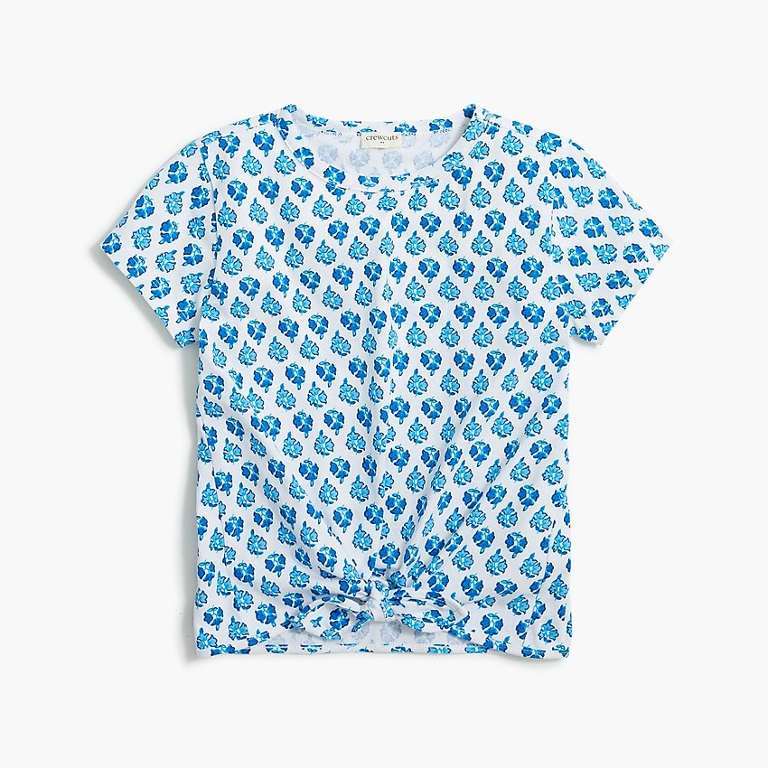 factory: girls' block-print tie-front tee for girls, right side, view zoomed