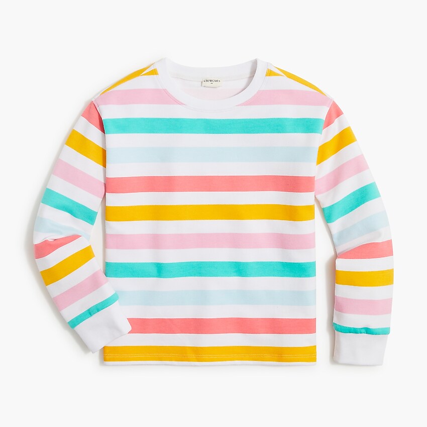 factory: girls' long-sleeve rainbow-striped sweatshirt for girls, right side, view zoomed