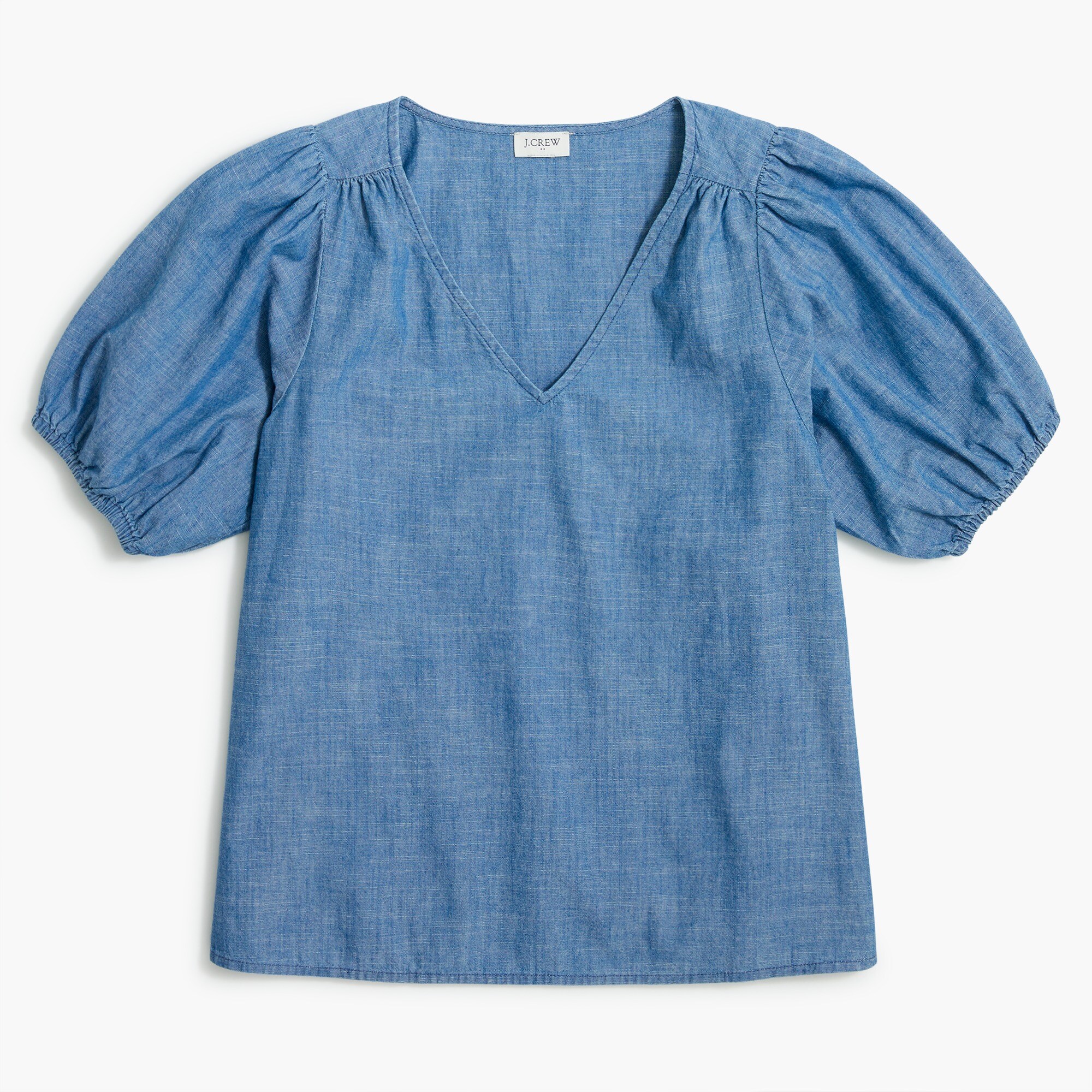 chambray v-neck puff-sleeve top for women