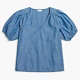 Chambray V-neck puff-sleeve top