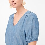 Chambray V-neck puff-sleeve top