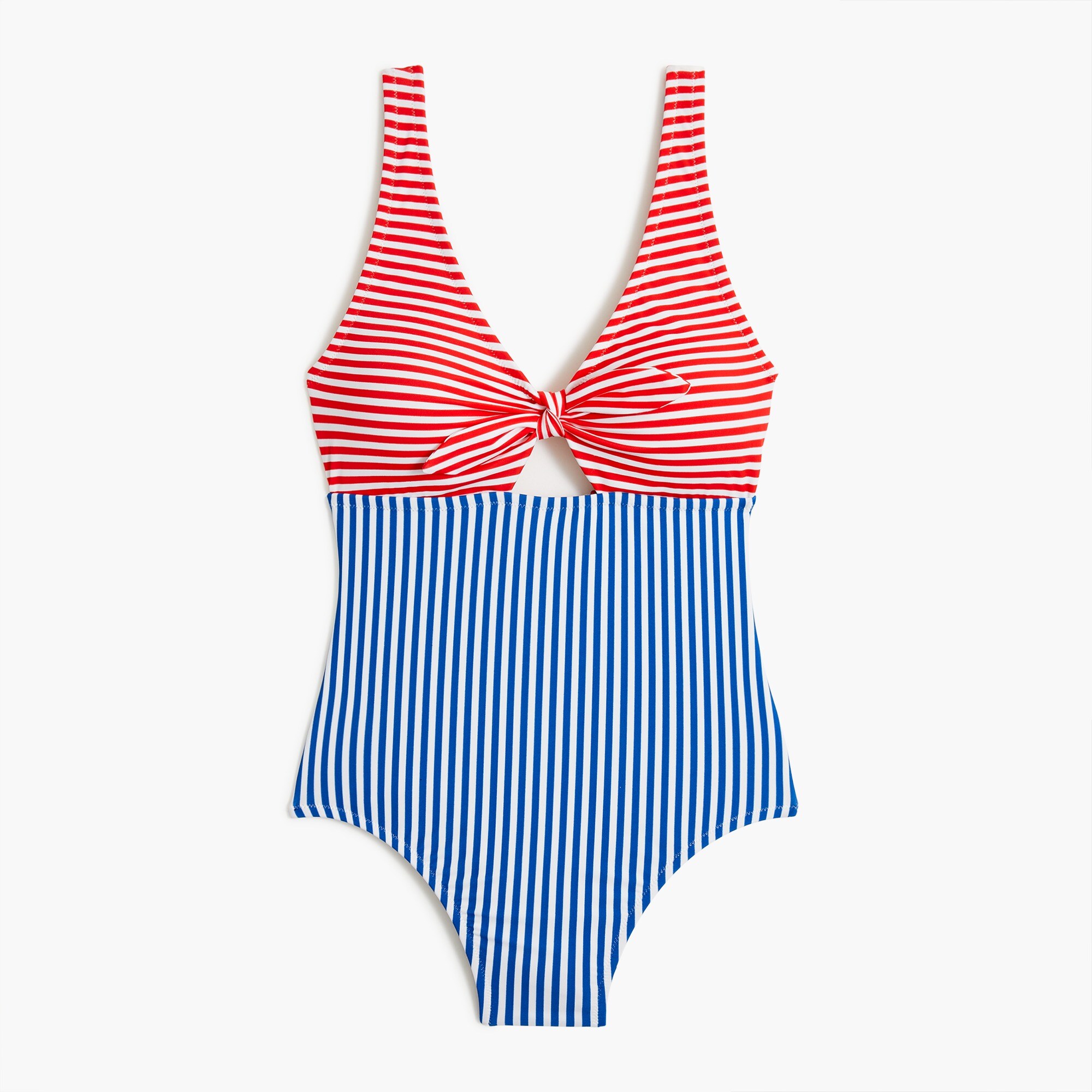 Mixed-striped cutout one-piece swimsuit with bow
