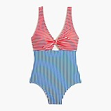 Mixed-striped cutout one-piece swimsuit with bow