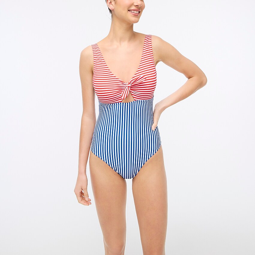 factory: mixed-striped cutout one-piece swimsuit with bow for women, right side, view zoomed