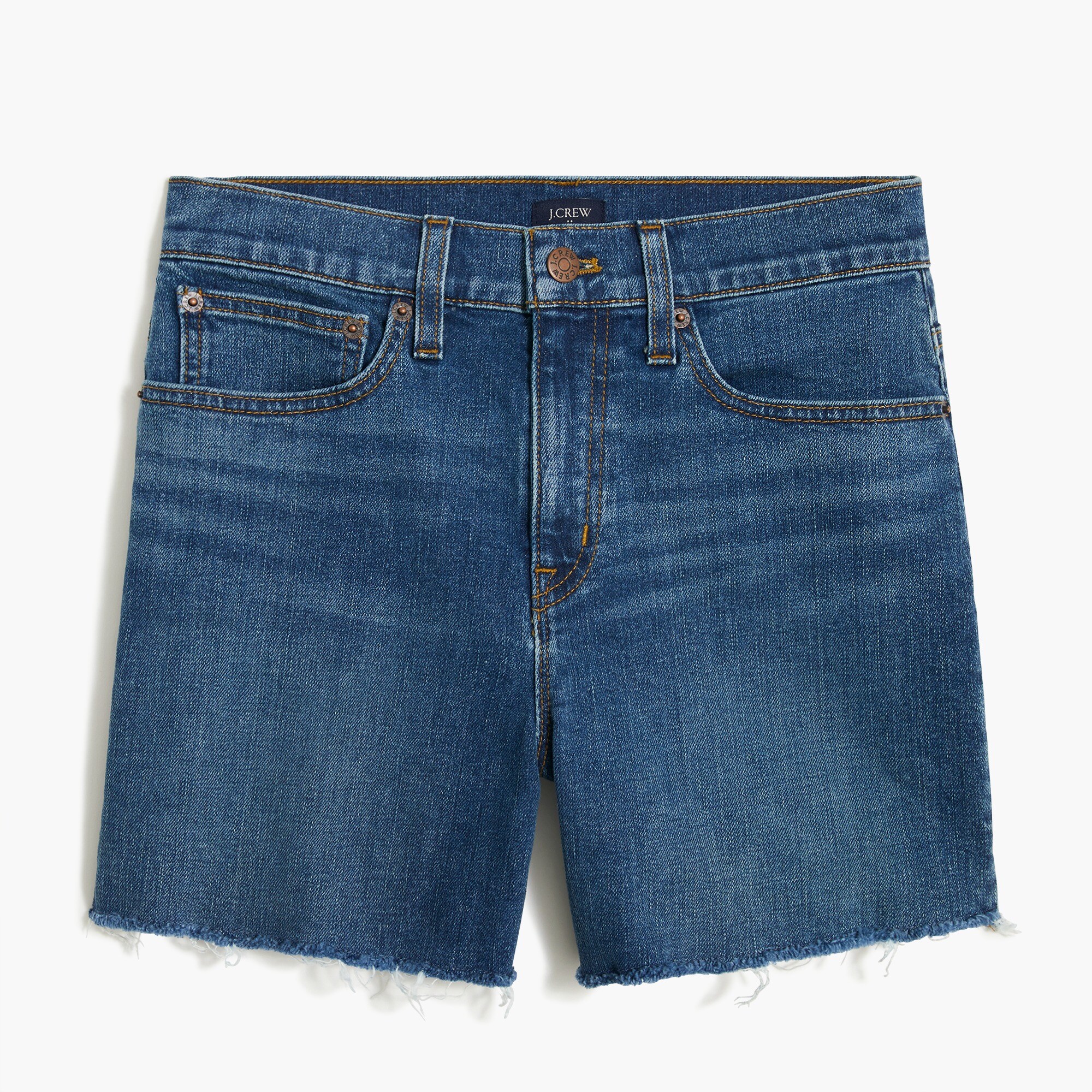 high-rise midlength denim short in coastline blue for women