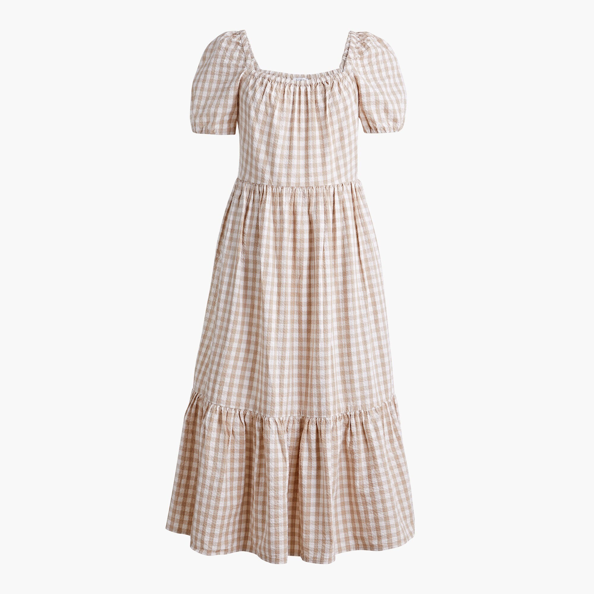 gingham puff-sleeve tiered midi dress for women
