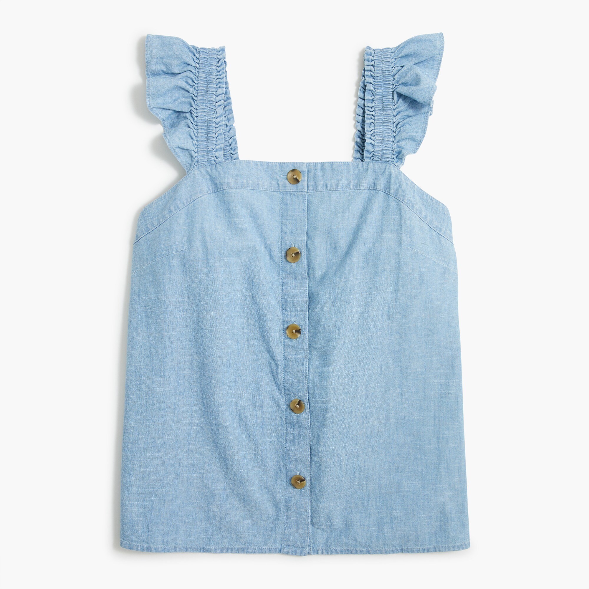 chambray button-front tank top with ruffle straps for women
