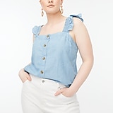 Chambray button-front tank top with ruffle straps