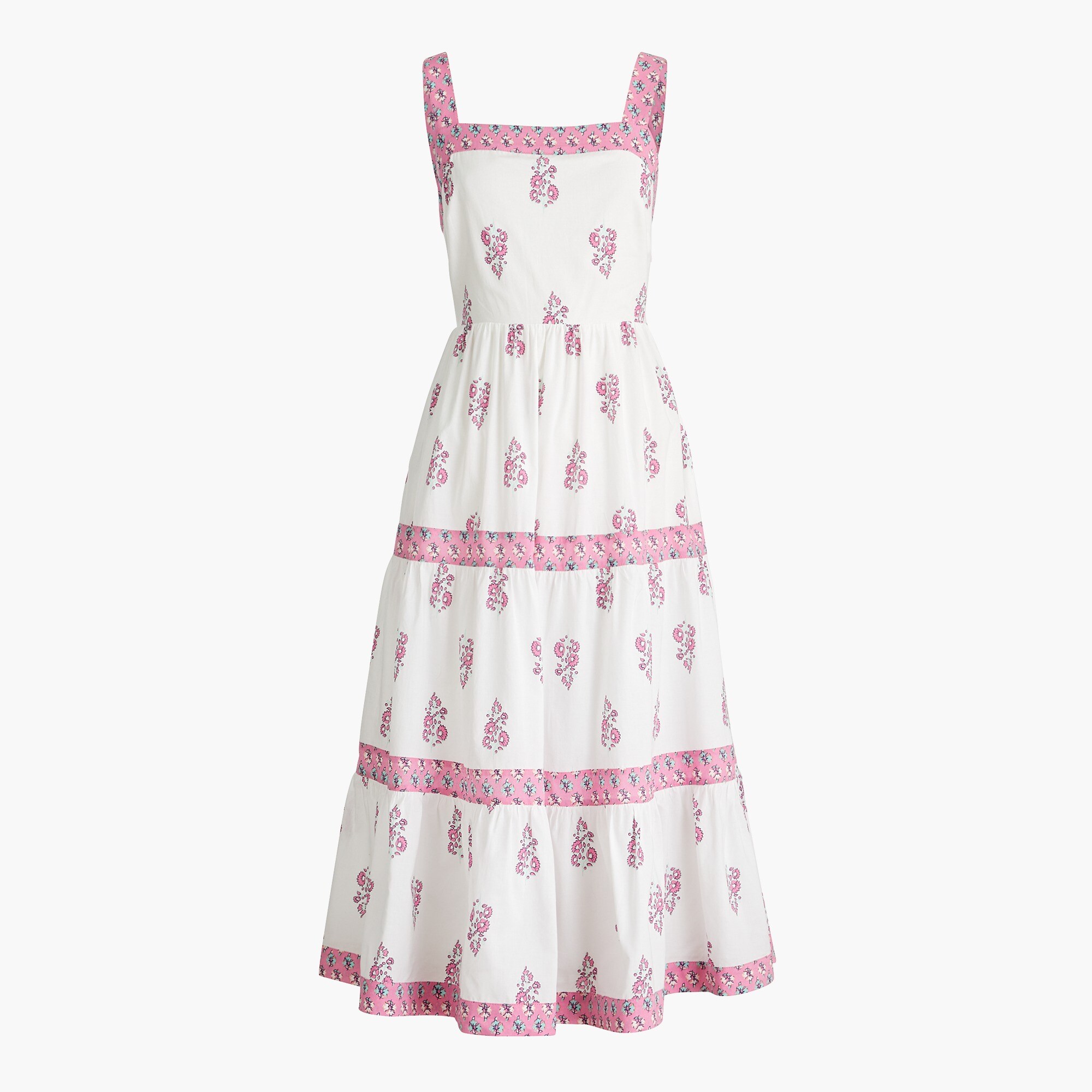 Block-print squareneck tiered midi dress