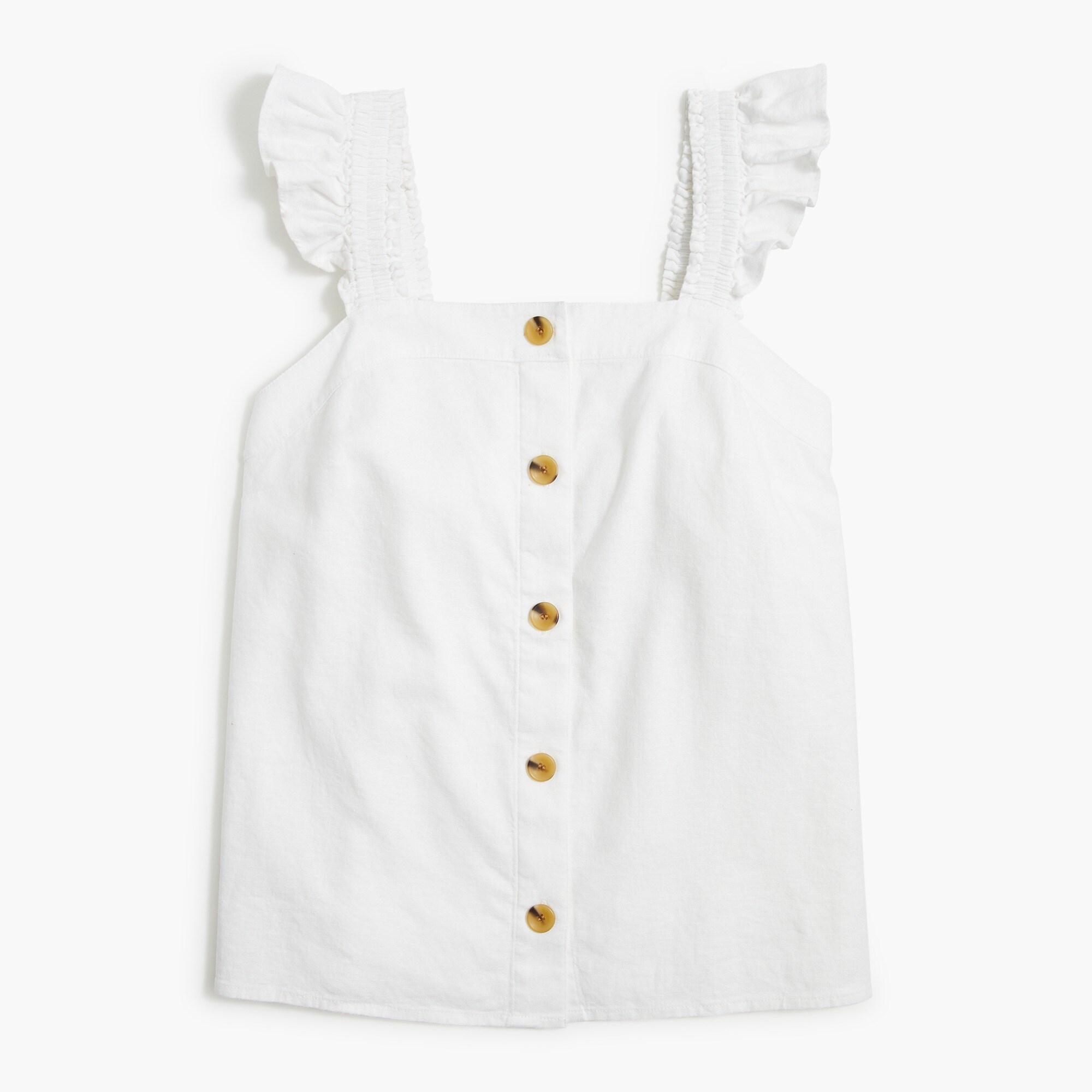 linen-blend button-front tank top with ruffle straps for women