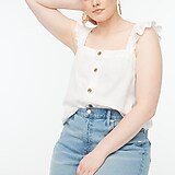 Linen-blend button-front tank top with ruffle straps
