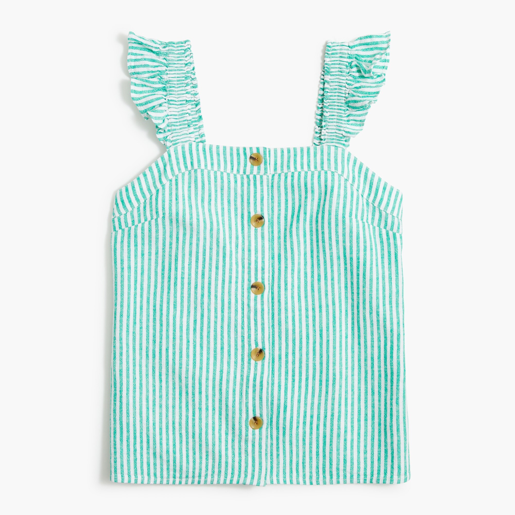 linen-blend button-front tank top with ruffle straps for women