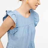 Chambray ruffle-sleeve tiered mini dress