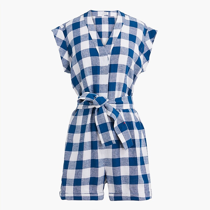 factory: linen-blend tie-waist romper for women, right side, view zoomed