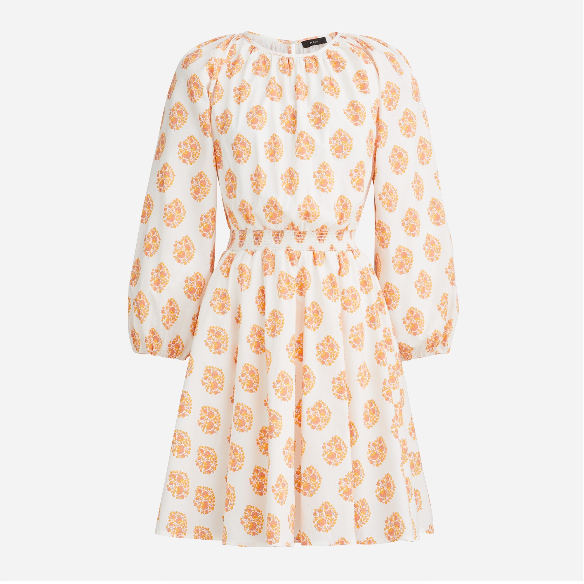 Smocked-waist mini dress in gathered floral block print